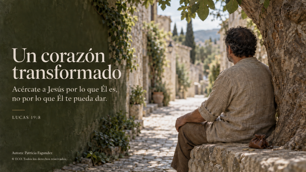 Hombre sentado junto a un árbol en una calle de piedra, con la frase "Acércate a Jesús por lo que Él es, no por lo que Él te pueda dar" (Lucas 19:8)