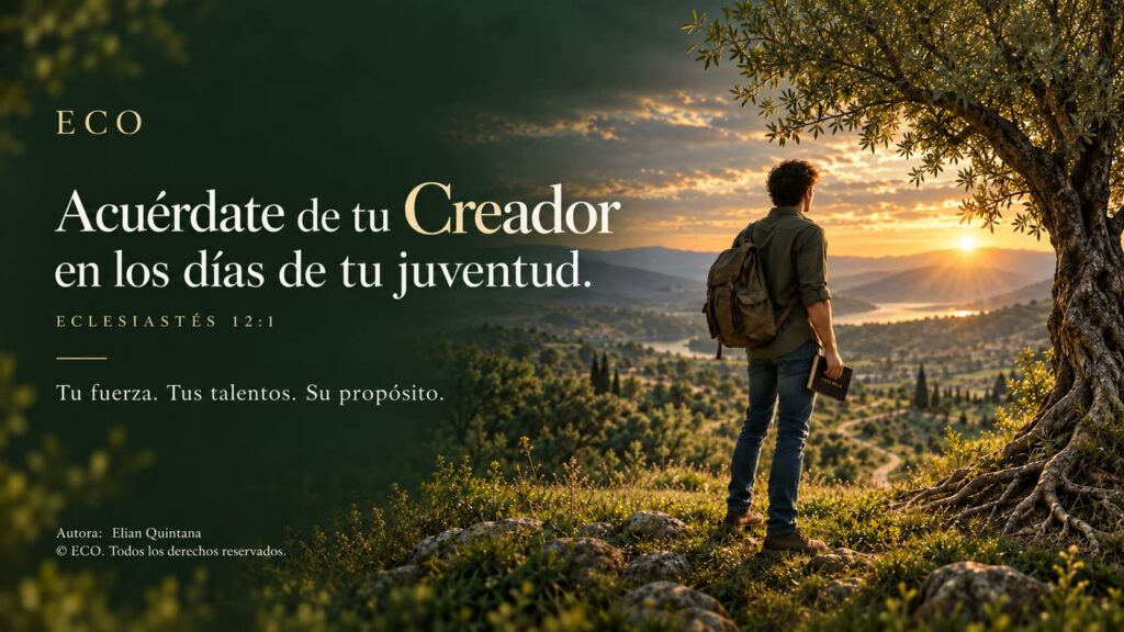 Joven mirando el atardecer junto a un olivo, con el versículo "Acuérdate de tu Creador en los días de tu juventud" (Eclesiastés 12:1)